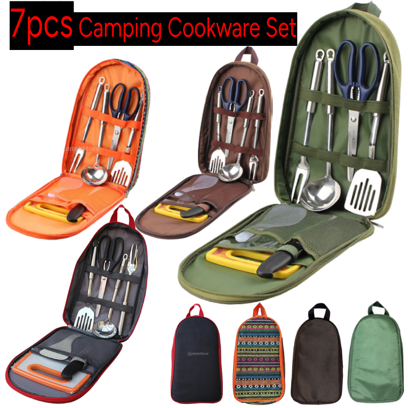 Camping Cooking Organizer - 7pcs Camping Kitchen Utensil Set with